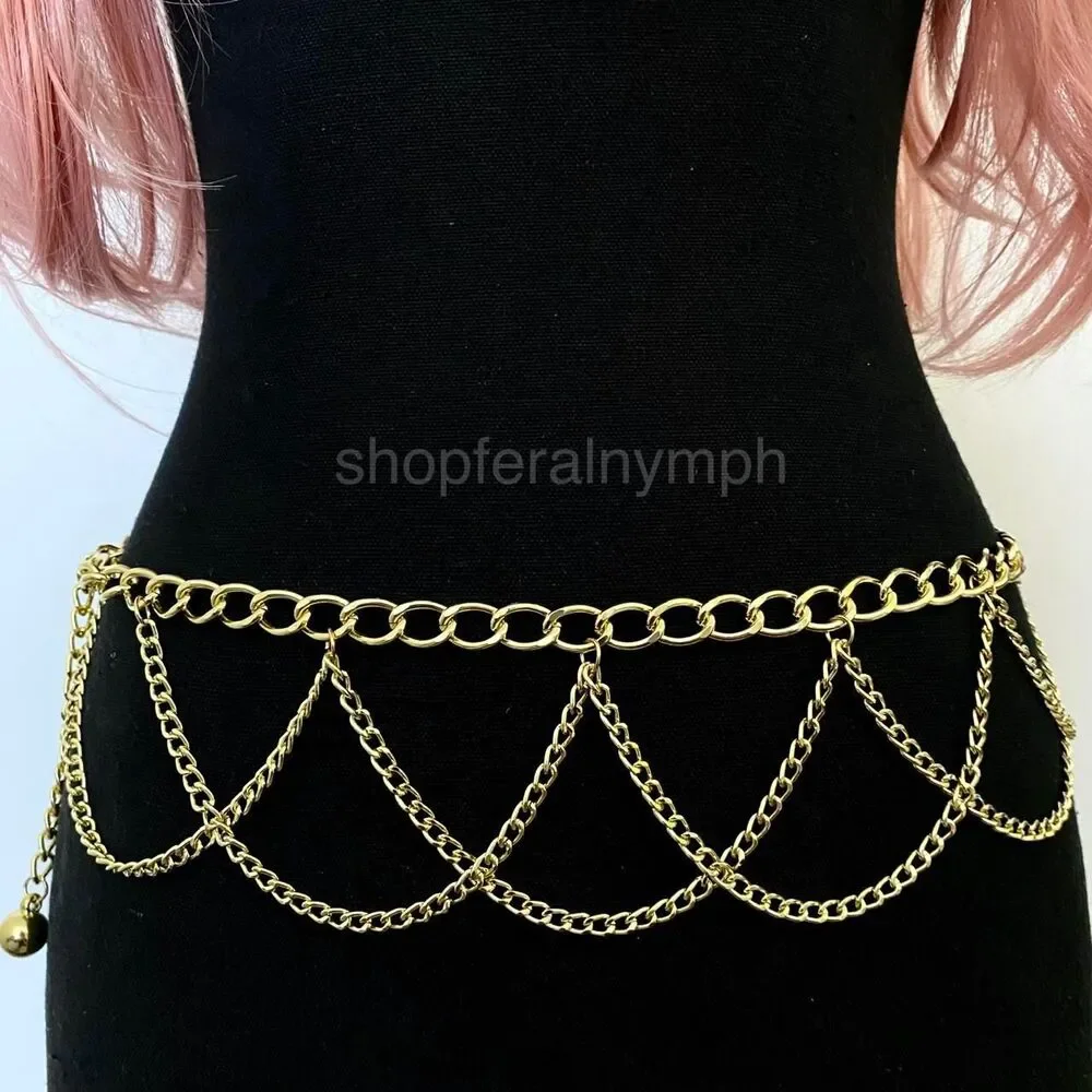 Gold Y2K Cascading Draped Layered Waist Chain Belt, Fits 21-41 Inches, X7GA1360